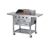 METRO Professional Barbacoa de Gas con 4 Quemadores y Plancha, Acero Inoxidable, 16 kW, Encendido Eléctrico, 2 Mesas Laterales, Estante Inferior, Funda de Poliéster 600D, Plata