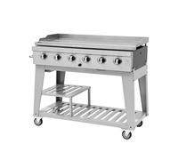 METRO PROFESSIONAL Barbacoa de Gas con 6 Quemadores, Plancha de Acero Inoxidable 111 x 50 cm, Móvil con Ruedas, Tapa Protectora Incluida, Plata