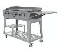 METRO Professional Barbacoa de Gas con 6 Quemadores y Plancha, Acero Inoxidable, 22.2 kW, Encendido Eléctrico, 1 Mesa Lateral Plegable, Doble Estante Inferior, Funda de Poliéster 600D, Plata