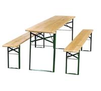 METRO Professional Conjunto de Mesa y Bancos de Exterior, Juego de Muebles de Jardín de 3 Piezas, Patas Plegables, 1 Mesa de Cerveza 110x50cm, 2 Bancos 110x25cm, Marrón/Verde