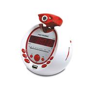 Metronic 477021 - Radio Reloj Despertador Digital para niños, con Reloj proyector Techo para Leer la Hora, Blanco y Rojo con la Calavera Pirata Infantil, Doble Alarma, Radio FM, Toma USB