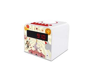 Metronic 477043 - Radio Despertador Circus con luz guía Nocturna, 2 alarmas, función Sleep-Snooze, 10 pre-sintonías FM, alimentación eléctrica, Compartimento para Pila de Seguridad, Rojo/Blanco.