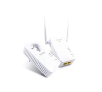 Metronic 495435 - 2 adaptadores de comunicación por línea eléctrica (adaptador corriente enchufe PLC 600Mbps + repetidor extender wifi amplificador de red wifi 300Mbps, 2 puertos ethernet)