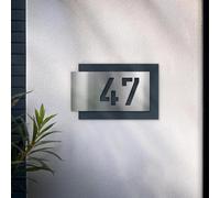 Metzler número de casa en acero inoxidable, placa personalizada en antracita, cartel con número, acero V2A, resistente a arañazos, cepillada, efecto 3D, tamaño: 271 x 175 mm