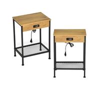 MEUBLE COSY Juego de 2 Mesitas de Noche con Estación de Carga Mesa Auxiliar con 4 Puertos USB Repisa para Salón Dormitorio, Estudio, Industrial, Marrón Claro, 38x28x52cm