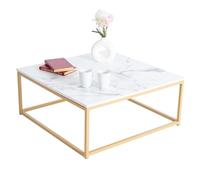 MEUBLE COSY Mesa de Centro Mesitas Salón para el café Sofá Mármol de imitación, Estructura de Metal, Estilo Industrial, 80x80x34cm, Blanco y Dorado