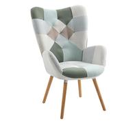 MEUBLE Cosy Sillones de salón Butaca nórdica Sillas Escandinavo Relax Acolchado con Reposabrazos y Patas de Madera, Tela Patchwork