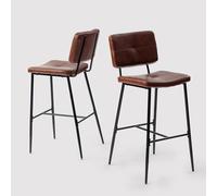 MEUBLE COSY Taburetes de Bar Juego de 2, Sillas de Cocina en Piel Sintética con Respaldo y Reposapiés, Asiento Acolchado de 75 cm de Alto, Patas de Acero, Marrón Oscuro
