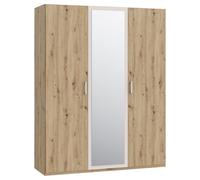 Meubletmoi Armario Vestidor/Armario Decoración Roble y Arena Mate con Espejo, 3 Puertas batientes y Manijas de Plástico Efecto Aluminio - Diseño Contemporáneo - DODOMA