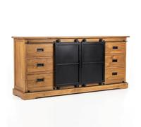 Meubletmoi Buffet/Bahut Modelo grande L. 200 cm de madera de teca maciza con 6 cajones, 2 puertas correderas y asas de metal negro - Ambiente industrial auténtico - Edwards