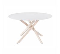Meubletmoi - Mesa de comedor redonda D. 130 cm con bandeja de cerámica blanca reflejo mármol gris y patas cruzadas de metal beige crema - Ambiente interior luminoso - Poppy