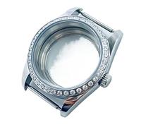 MEUIXT Caja de reloj plateada de 36 mm con bisel de diamantes y cristal de zafiro compatible con movimiento NH34, NH35, NH36, NH38, NH39, NH70 y NH72(A2 Glass Case Back)