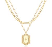 MEVECCO Delicado collar con inicial de oro para mujer, chapado en oro de 18 quilates, cadena de eslabones con clip de papel, personalizable, bonitas letras hexagonales para mujer, joyería de uso