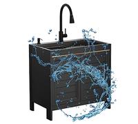 MEVZHH Grifos, Fregadero Comercial de Acero Inoxidable con Gabinete - Gabinete de Cocina de Restauración de Pie Libre con Grifo Extraíble | Lavabo de Mano Único para Restaurante Interior Al Aire Libre