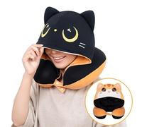 Mewaii Almohada Viaje Reversible con Capucha - Cojín Viaje Niños Gato Negro & Naranja - Reposacabezas Coche Niño con Espuma Viscoelástica - Regalos Originales para Mujer y Niños