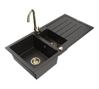 Mexen Andres fregadero de granito 1,5 compartimentos con escurridor y grifo de cocina Telma, negro/dorado - 6515-75-670200-50 6335 5907709160996