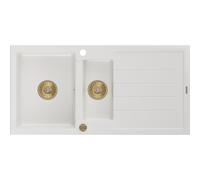 Mexen Andres fregadero de granito 1.5 senos con escurridor 1000 x 500 mm, blanco, sifón dorado - 6515101510-20-G 16216 5905315012258