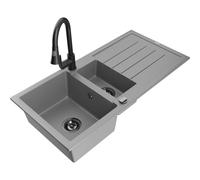 Mexen Andres fregadero de granito 1,5 senos con escurridor y grifo de cocina Elia, gris - 6515-71-670101-70-B 20017 5905315031082