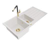 Mexen Andres fregadero de granito 1,5 senos con escurridor y grifo de cocina Flora, blanco - 6515-20-670401-57-G 21017 5905315062000