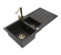 Mexen Andres fregadero de granito 1,5 senos con escurridor y grifo de cocina Rita, negro/oro metálico- 6515-75-670300-50 17821 5905315020918