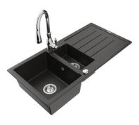 Mexen Andres fregadero de granito 1,5 senos con escurridor y grifo de cocina Savita, negro/oro metálico- 6515-75-672601-00 17949 5905315036254
