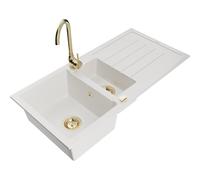 Mexen Andres fregadero de granito 1,5 senos con escurridor y grifo de cocina Telma, blanco - 6515-20-670200-50 6329 5907709160934