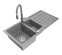 Mexen Andres fregadero de granito de 1,5 cubetas con escurridor y grifo de cocina Savita, gris - 6515-71-672601-71 17931 5905315036209