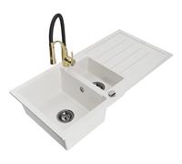 Mexen Andres fregadero de granito de 1,5 senos con escurridor y grifo de cocina Aster, blanco - 6515-20-73450-57-B 19291 5905315047595