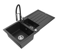 Mexen Andres fregadero de granito de 1,5 senos con escurridor y grifo de cocina Aster, negro/plata metálica - 6515-73-73450-07 19303 5905315047748