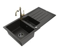 Mexen Andres fregadero de granito de 1,5 senos con escurridor y grifo de cocina Carla, negro/dorado - 6515-75-670700-50-B 18545 5905315041418