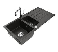 Mexen Andres Fregadero de granito de 1,5 senos con escurridor y grifo de cocina Carla, negro/dorado metálico 18540 5905315041395