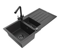 Mexen Andres fregadero de granito de 1,5 senos con escurridor y grifo de cocina Duero, negro moteado - 6515-76-671600-70-B 18677 5905315026101