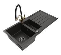 Mexen Andres fregadero de granito de 1,5 senos con escurridor y grifo de cocina Duo, negro/oro metálico - 6515-75-671701-57-B 22943 5905315102843