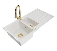 Mexen Andres fregadero de granito de 1,5 senos con escurridor y grifo de cocina Elia, blanco - 6515-20-670101-50 20001 5905315030993