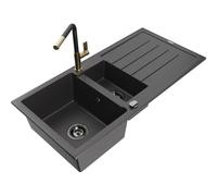 Mexen Andres fregadero de granito de 1,5 senos con escurridor y grifo de cocina Flora, negro moteado - 6515-76-670401-57-B 21052 5905315062352