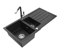 Mexen Andres fregadero de granito de 1,5 senos con escurridor y grifo de cocina Flora, negro/plata - 6515-73-670401-07 21035 5905315062185
