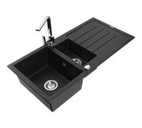 Mexen Andres fregadero de granito de 1,5 senos con escurridor y grifo de cocina Rita, negro - 6515-77-670300-00 17853 5905315021007