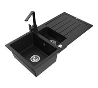 Mexen Andres fregadero de granito de 1,5 senos con escurridor y grifo de cocina Rita, negro/metalizado dorado 17831 5905315020949