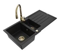 Mexen Andres fregadero de granito de 1,5 senos con escurridor y grifo de cocina Savita, negro - 6515-77-672601-50 17978 5905315036360