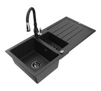 Mexen Andres fregadero de granito de 1,5 senos con escurridor y grifo de cocina Savita, negro/plata - 6515-73-672601-70-B 17946 5905315036247