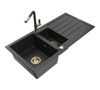 Mexen Andres fregadero de granito de 1,5 tazones con escurridor y grifo de cocina Flora, negro/plateado - 6515-73-670401-57-G 21037 5905315062208