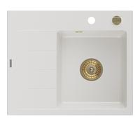 Mexen Ben fregadero de granito de 1 cubeta con escurridor, derecho 600 x 500 mm, blanco, sifón dorado - 6523605000-20-G 53273 5905315462145