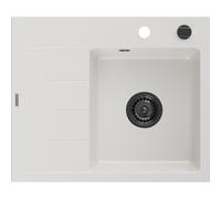 Mexen Ben fregadero de granito de 1 cubeta con escurridor, derecho 600 x 500 mm, blanco, sifón negro - 6523605000-20-B 53280 5905315462213