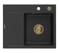Mexen Ben fregadero de granito de 1 cubeta con escurridor, derecho 600 x 500 mm negro/metalizado plateado sifón dorado 53276 5905315462176