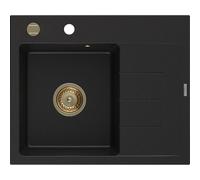 Mexen Ben fregadero de granito de 1 cubeta con escurridor, izquierdo 600 x 500 mm, negro, sifón dorado - 6522605000-77-G 53264 5905315462060