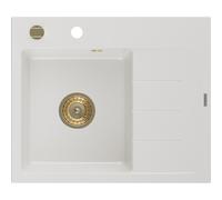 Mexen Ben fregadero de granito de 1 seno con escurridor, izquierdo 600 x 500 mm, blanco, sifón dorado - 6522605000-20-G 53258 5905315462008