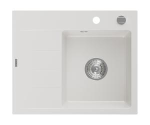 Mexen Ben fregadero de granito de 1 tazón con escurridor, derecho 600 x 500 mm, blanco, sifón cromado - 6523605000-20 53251 5905315949127