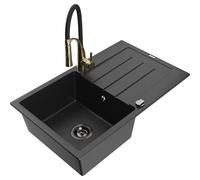 Mexen Bruno fregadero de granito de 1 compartimento con escurridor y grifo de cocina Aster, negro/plata metálico 19233 5905315046932