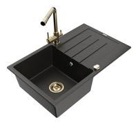 Mexen Bruno fregadero de granito de 1 compartimento con escurridor y grifo de cocina Duero, negro/dorado metálico 18398 5905315025395