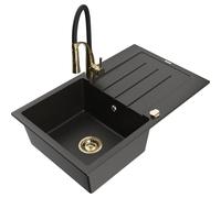 Mexen Bruno fregadero de granito de 1 cuba con escurridor y grifo de cocina Aster, negro/oro metálico - 6513-75-73450-57-G 19237 5905315046987